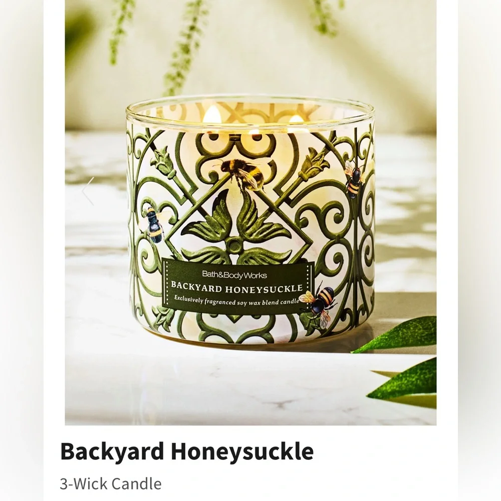 NIB Bath & Body Works “Backyard Honeysuckle” 3-Wick Candle w Decorative Lid